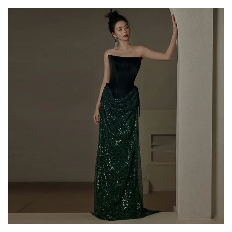 Strapless Sequin Trumpet Evening Gown