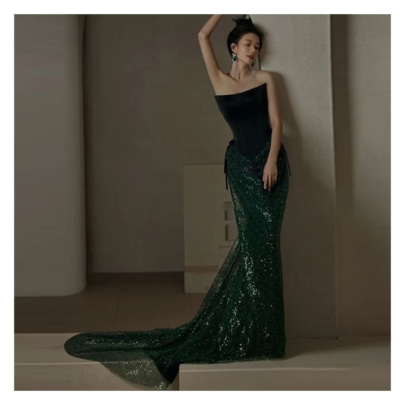 Strapless Sequin Trumpet Evening Gown