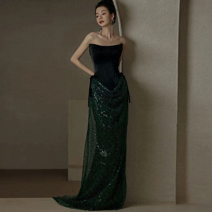 Strapless Sequin Trumpet Evening Gown - Green / XS