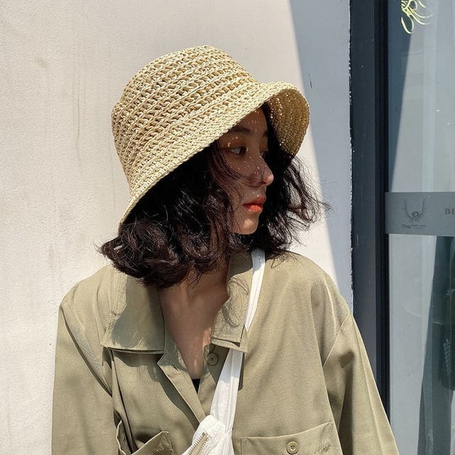 Straw Bucket Hat - Beige / One Size