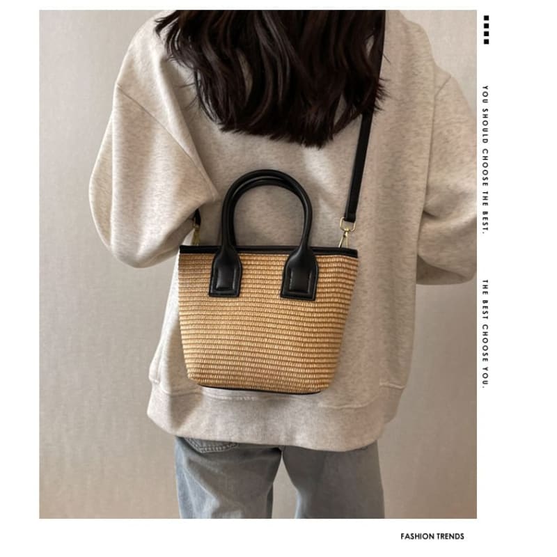 Straw Panel Crossbody Tote Bag