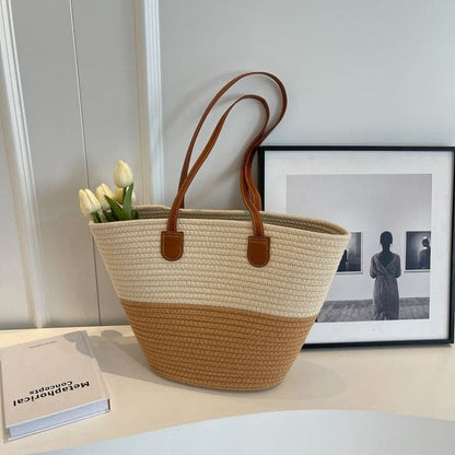 Straw Tote Bag - Brown Strap - Panel - Off-White & Khaki