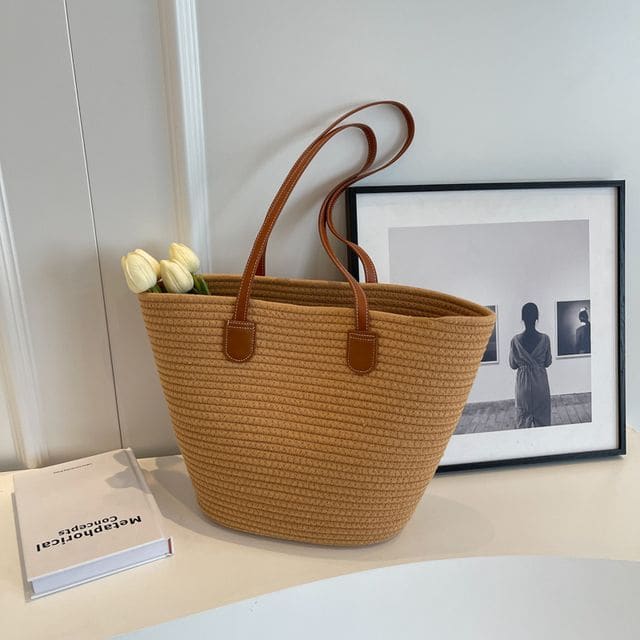 Straw Tote Bag - Brown Strap - Plain - Khaki / One Size