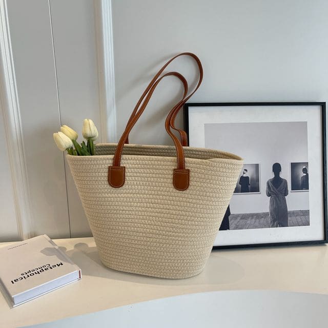 Straw Tote Bag - Brown Strap - Plain - Off-White / One Size