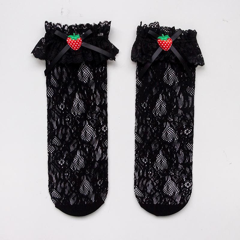 Strawberry Lace Bow Lolita Stockings - Black（Short)