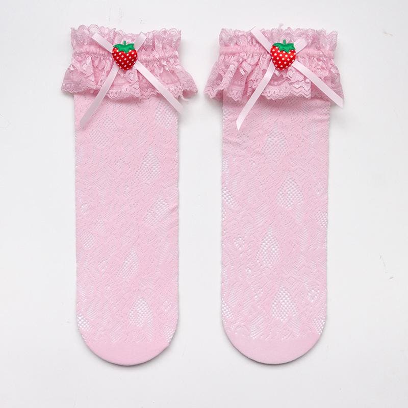 Strawberry Lace Bow Lolita Stockings - Pink（Short)