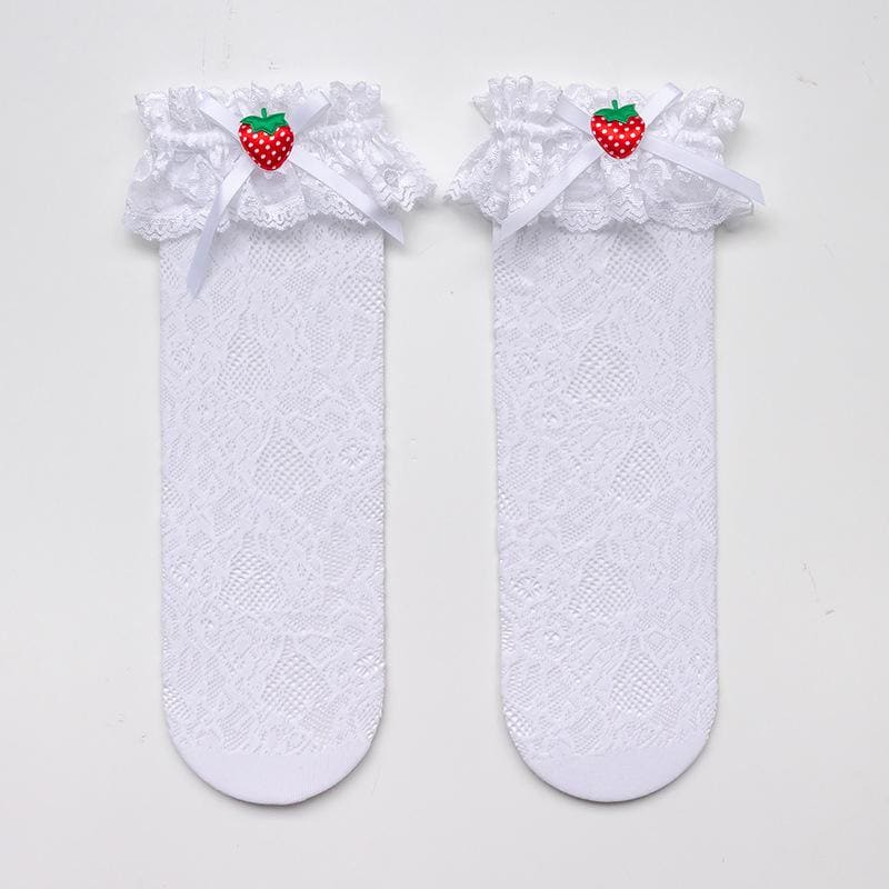 Strawberry Lace Bow Lolita Stockings - White（Short)