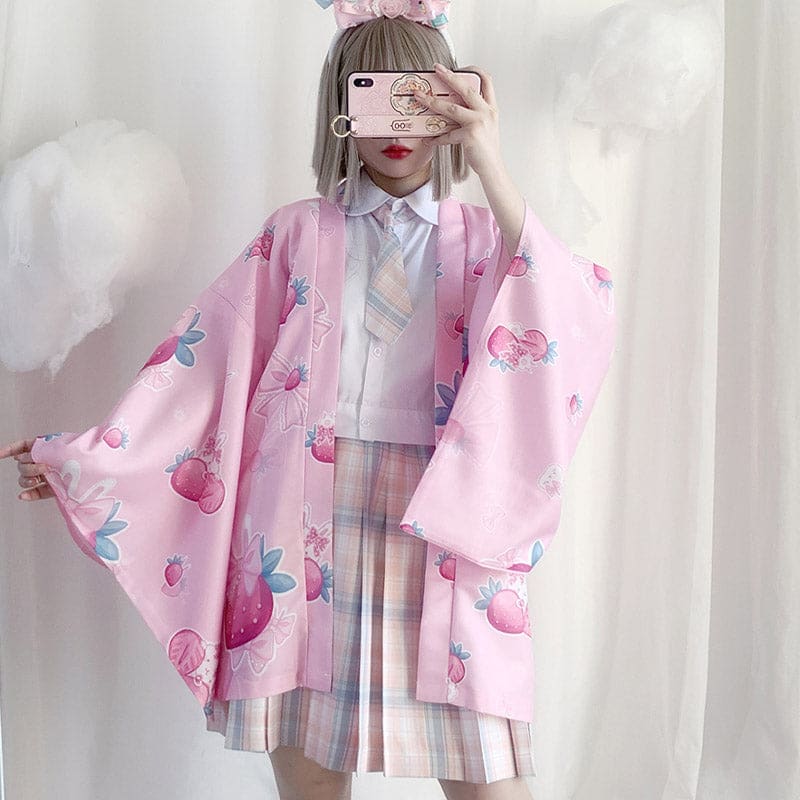 Strawberry Loose Cardigan Kimono Outerwear - Pink / One Size