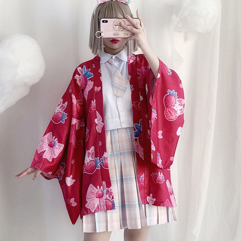 Strawberry Loose Cardigan Kimono Outerwear - Red / One Size