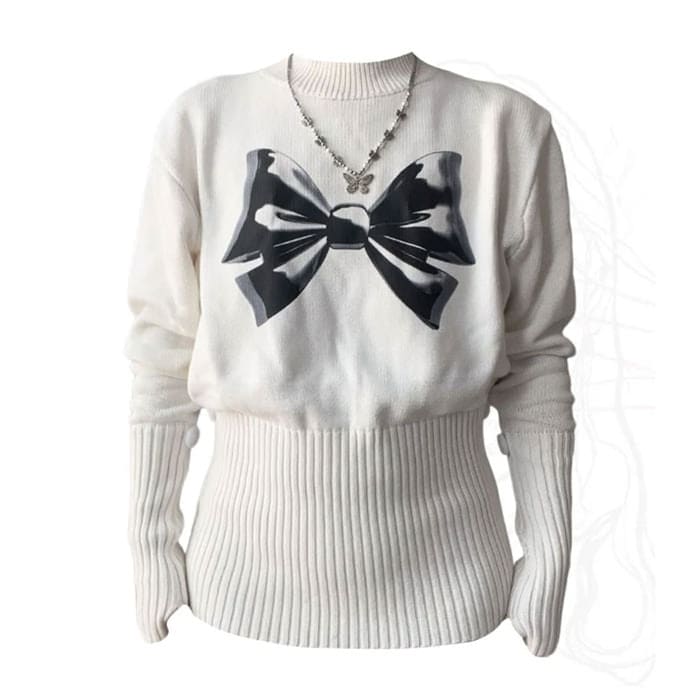 Stretchy White Bow Jumper - Free Size / White - Sweater