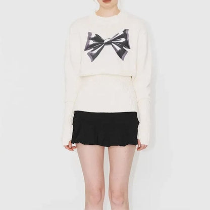 Stretchy White Bow Jumper - Free Size / White - Sweater