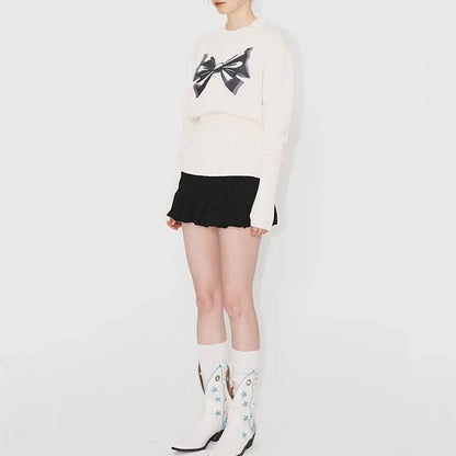 Stretchy White Bow Jumper - Free Size / White - Sweater