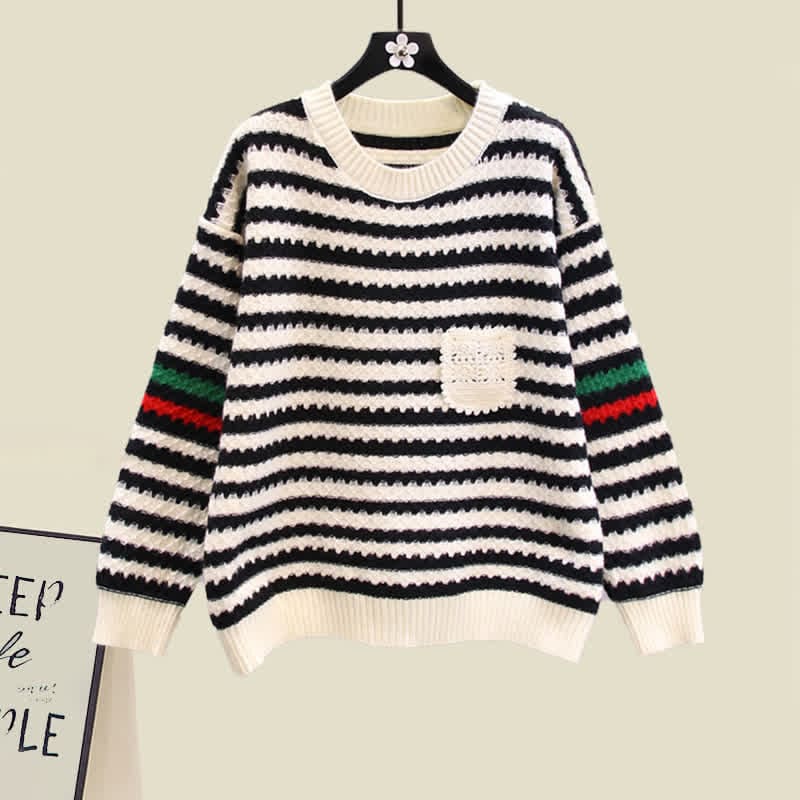 Stripe Colorblock Knit Sweater Slip Dress Set - Black