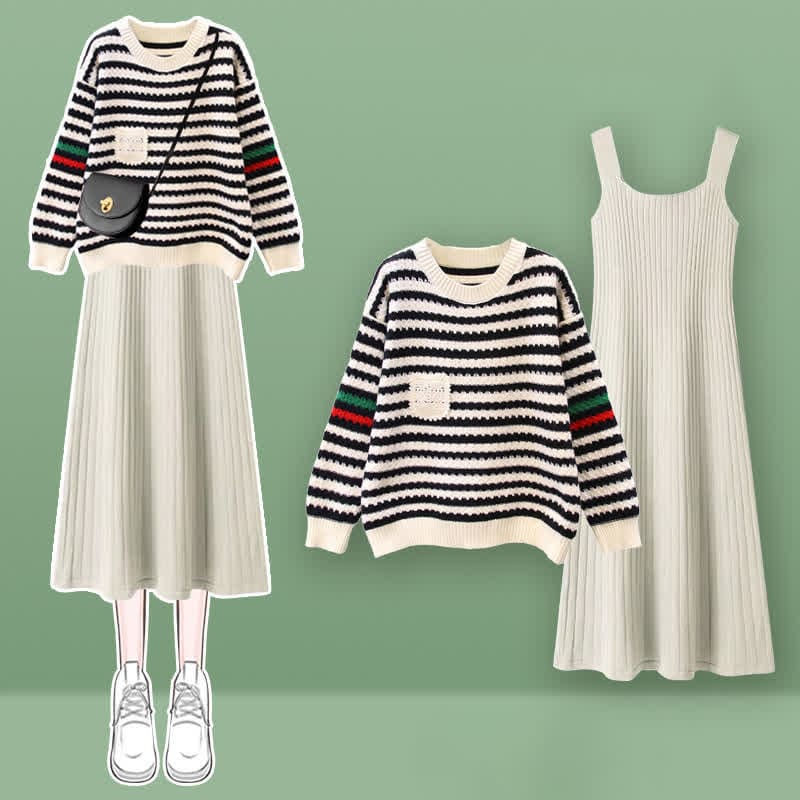 Stripe Colorblock Knit Sweater Slip Dress Set - Black