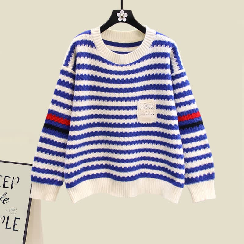 Stripe Colorblock Knit Sweater Slip Dress Set - Blue