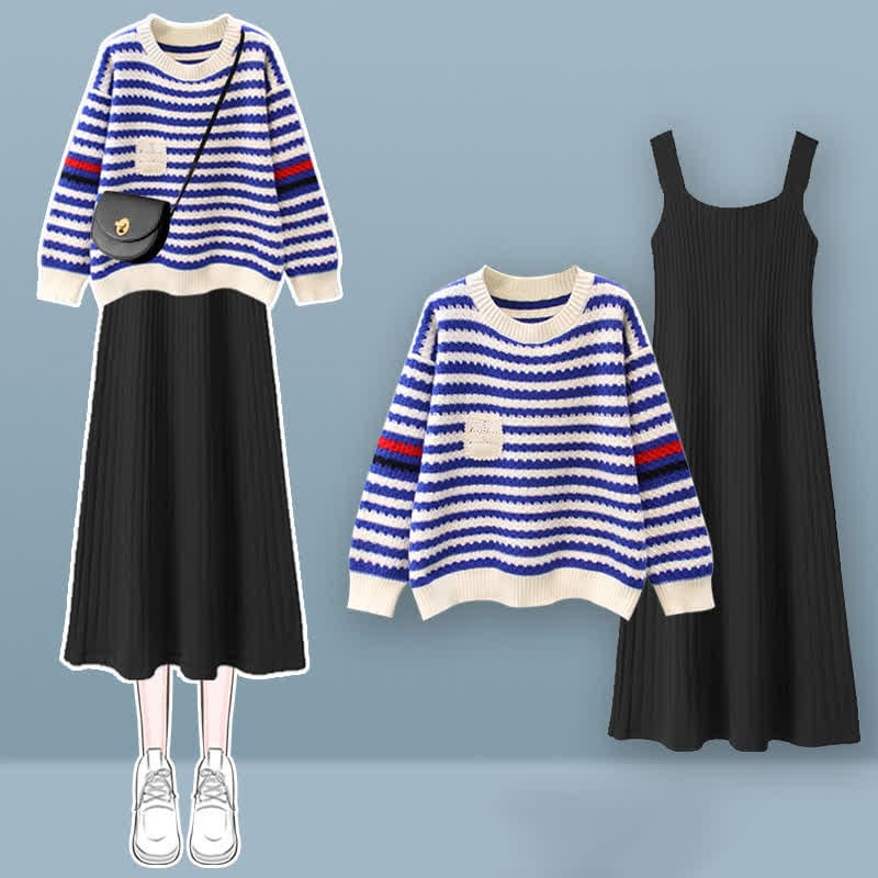 Stripe Colorblock Knit Sweater Slip Dress Set - Blue