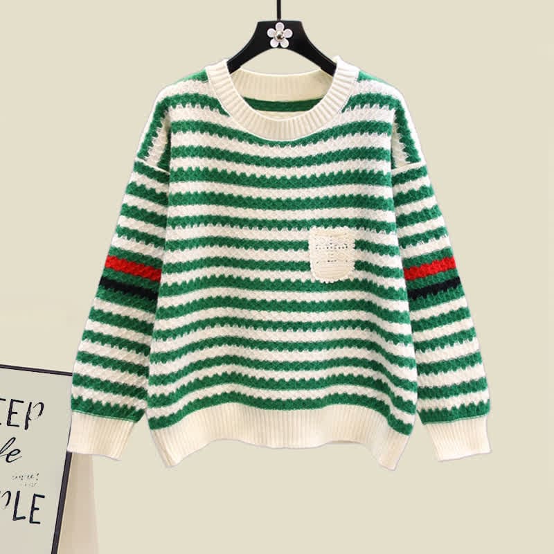 Stripe Colorblock Knit Sweater Slip Dress Set - Green