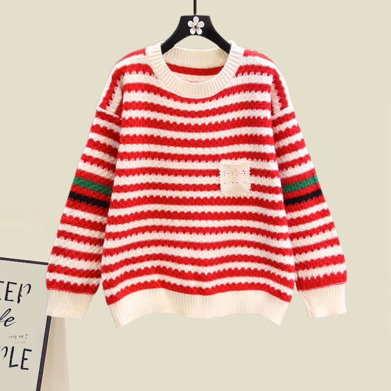 Stripe Colorblock Knit Sweater Slip Dress Set - Red Sweater