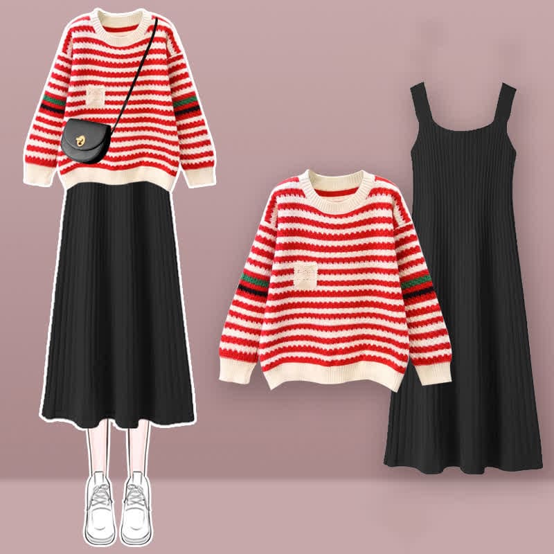 Stripe Colorblock Knit Sweater Slip Dress Set - Red Sweater