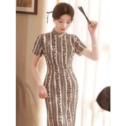 Stripe Flora Short Sleeve Long Cheongsam - Female Hanfu