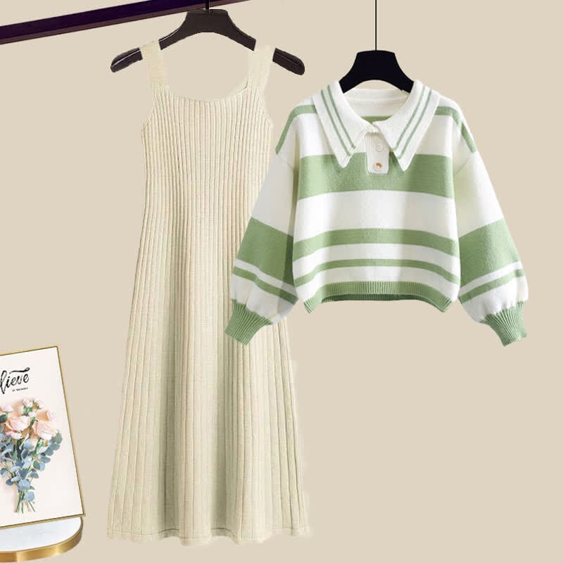 Stripe Green Colorblock Sweater Slip Dres Set - Set A / M