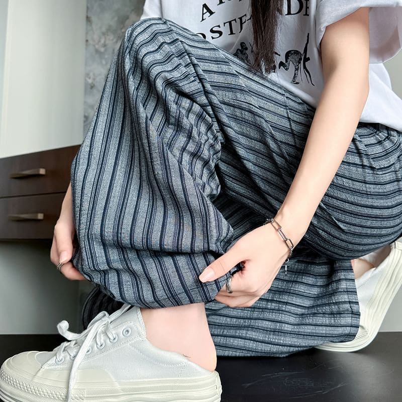 Stripe High Rise Drawstring Wide Leg Pants