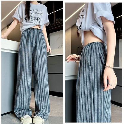 Stripe High Rise Drawstring Wide Leg Pants