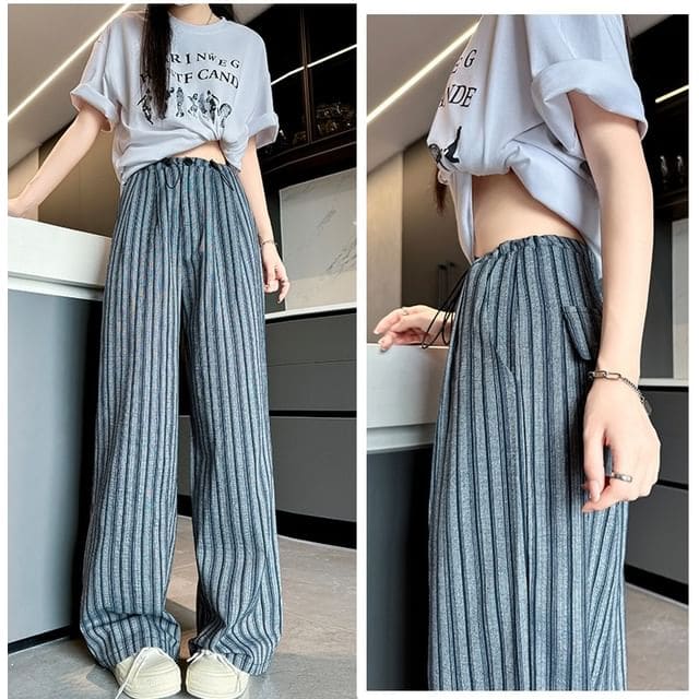 Stripe High Rise Drawstring Wide Leg Pants