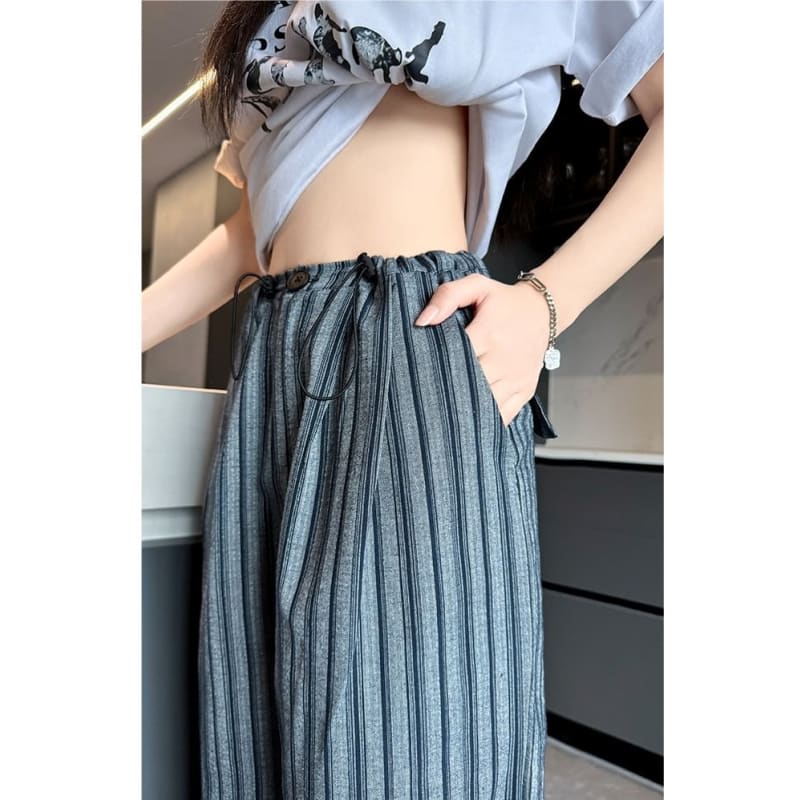 Stripe High Rise Drawstring Wide Leg Pants