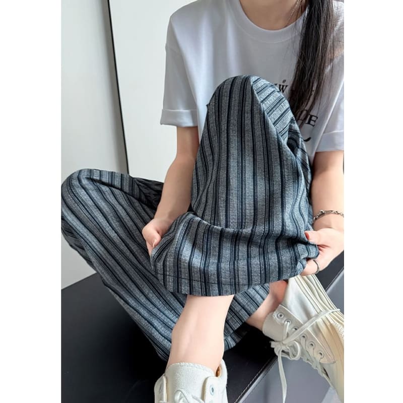 Stripe High Rise Drawstring Wide Leg Pants