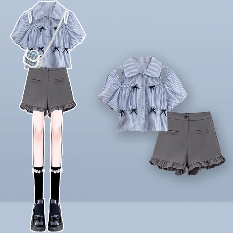 Stripe Hollow Out Puff Sleeve Bowknot T-Shirt Lace Hem