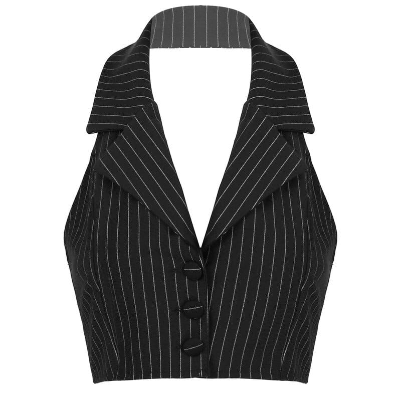 Stripe Lies Halter Tailored Vest - S / Black - Tops