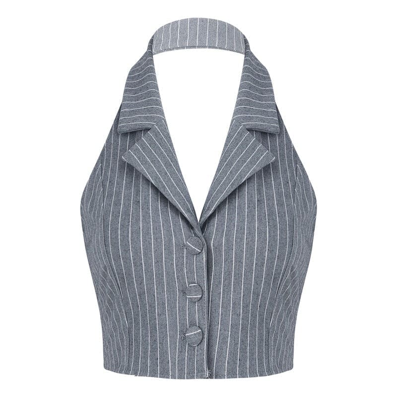 Stripe Lies Halter Tailored Vest - S / Grey - Tops