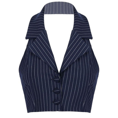 Stripe Lies Halter Tailored Vest - S / Navy Blue - Tops