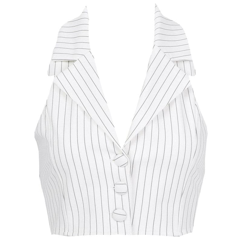 Stripe Lies Halter Tailored Vest - S / White - Tops