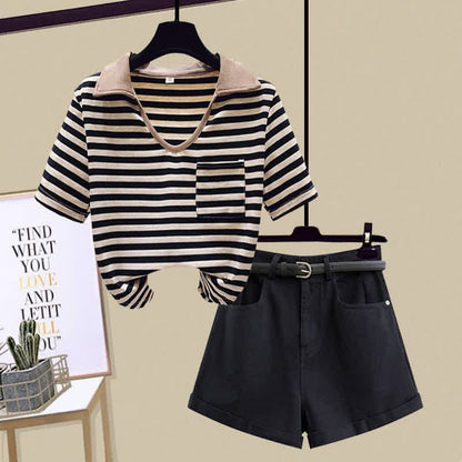 Stripe Pocket Crop Top T-Shirt Denim Shorts - Black T-Shirt