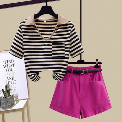 Stripe Pocket Crop Top T-Shirt Denim Shorts - Black T-Shirt