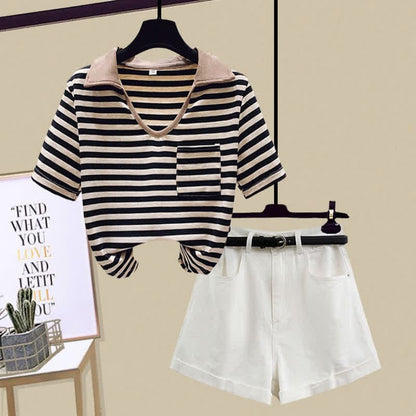 Stripe Pocket Crop Top T-Shirt Denim Shorts - Black T-Shirt