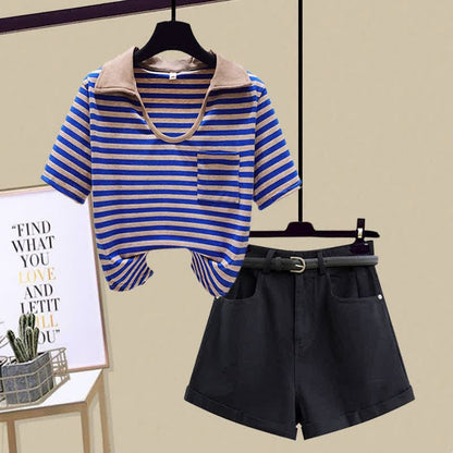 Stripe Pocket Crop Top T-Shirt Denim Shorts - Blue T-Shirt