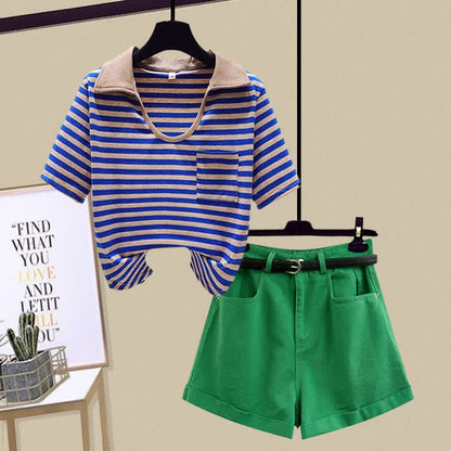 Stripe Pocket Crop Top T-Shirt Denim Shorts - Blue T-Shirt