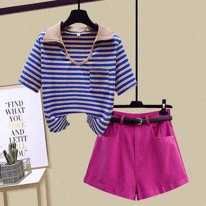 Stripe Pocket Crop Top T-Shirt Denim Shorts - Blue T-Shirt