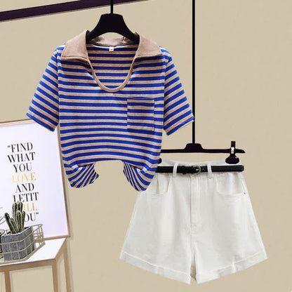 Stripe Pocket Crop Top T-Shirt Denim Shorts - Blue T-Shirt