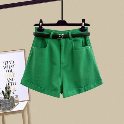 Stripe Pocket Crop Top T-Shirt Denim Shorts - Green Shorts