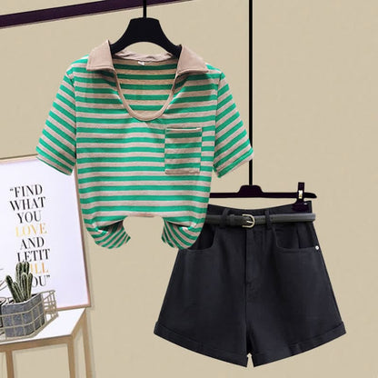 Stripe Pocket Crop Top T-Shirt Denim Shorts - Green T-Shirt