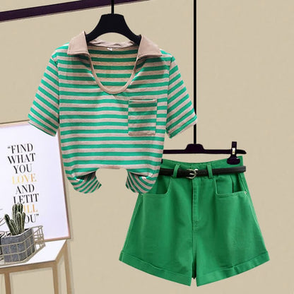 Stripe Pocket Crop Top T-Shirt Denim Shorts - Green T-Shirt