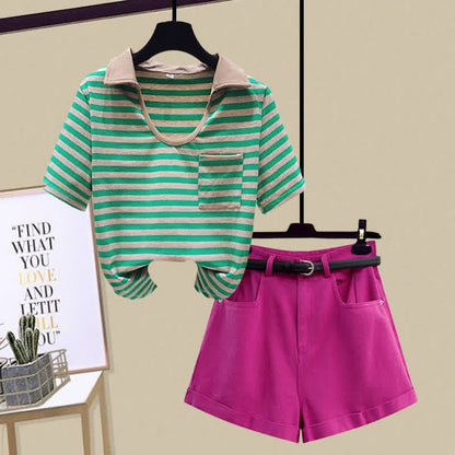 Stripe Pocket Crop Top T-Shirt Denim Shorts - Green T-Shirt