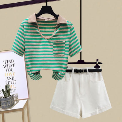 Stripe Pocket Crop Top T-Shirt Denim Shorts - Green T-Shirt