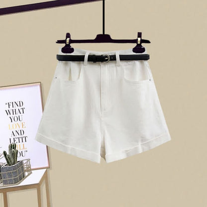 Stripe Pocket Crop Top T-Shirt Denim Shorts - White Shorts