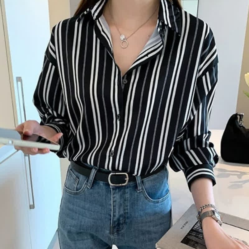 Stripe Print Long Sleeve Chiffon Shirt Workwear