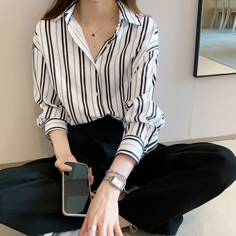 Stripe Print Long Sleeve Chiffon Shirt Workwear